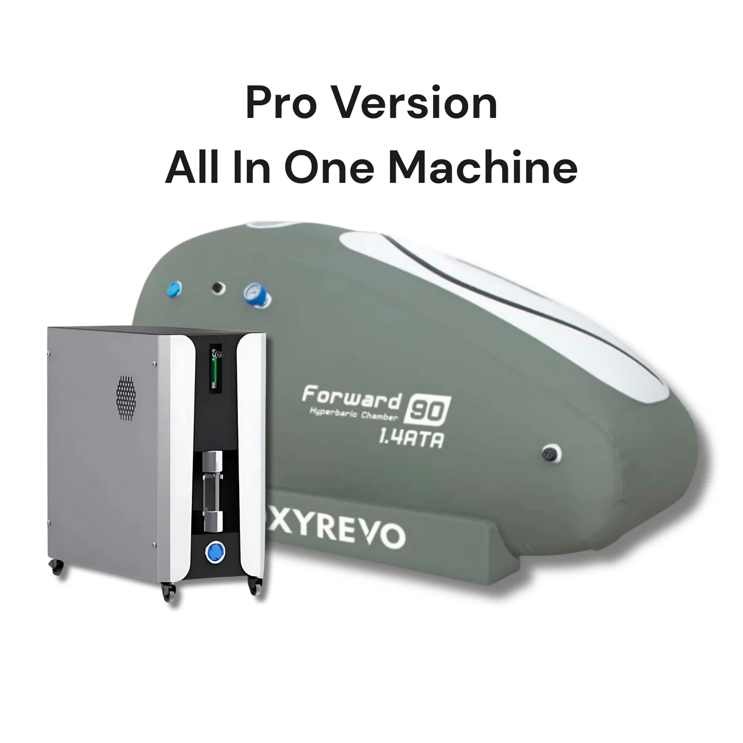 Used hyperbaric chamber Atlanta — OXYREVO Forward90 Pro Version complete system: sage green sitting hyperbaric chamber paired with the all-in-one operating unit (10L oxygen concentrator, oil-free compressor, cooling and anion generator). The full Pro Version package included with this used Forward90 for sale in Buckhead, Atlanta GA.