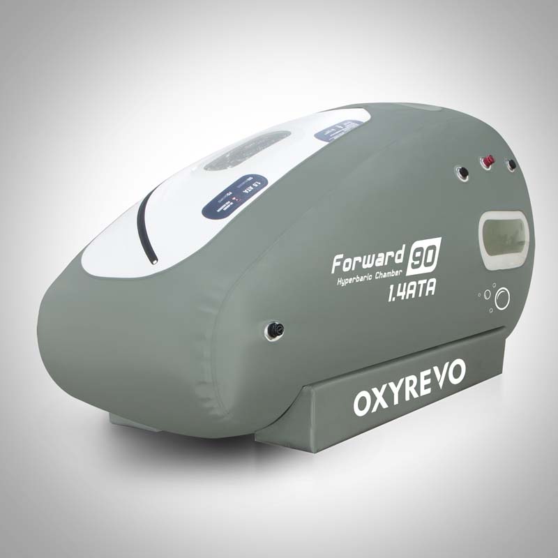 Used hyperbaric chamber Atlanta — OXYREVO Forward90 Pro portable sitting hyperbaric chamber, sage green soft-shell design with 4 large viewing windows, 1.4 ATA working pressure, 90″ × 47″ × 47″ for 1 adult plus child. For sale in Buckhead, Atlanta GA.